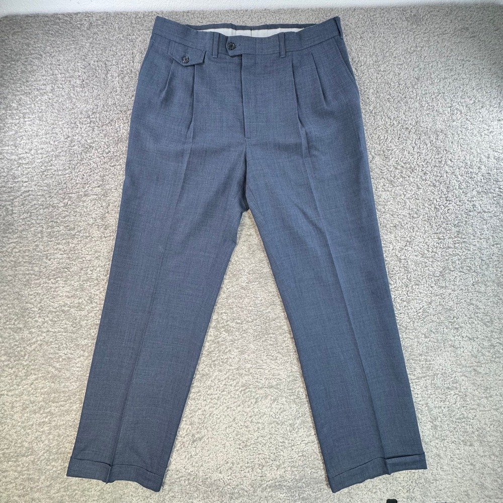 Kuppenheimer‎ Mens Pleated Cuffed Dress Pants Slacks 34x30 Blue Grey Office Work